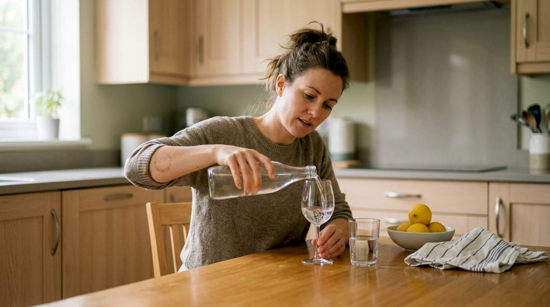 Woman pouring water into wine glass at kitchen table